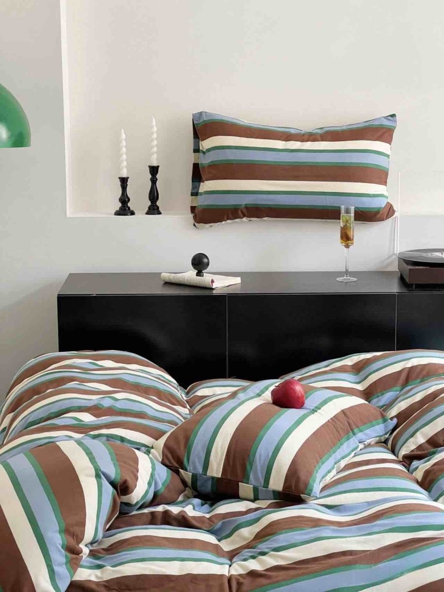 Retro Earthy Tone Stripe Queen Duvet Cover Set with Pillowcases, 100% Cotton-1