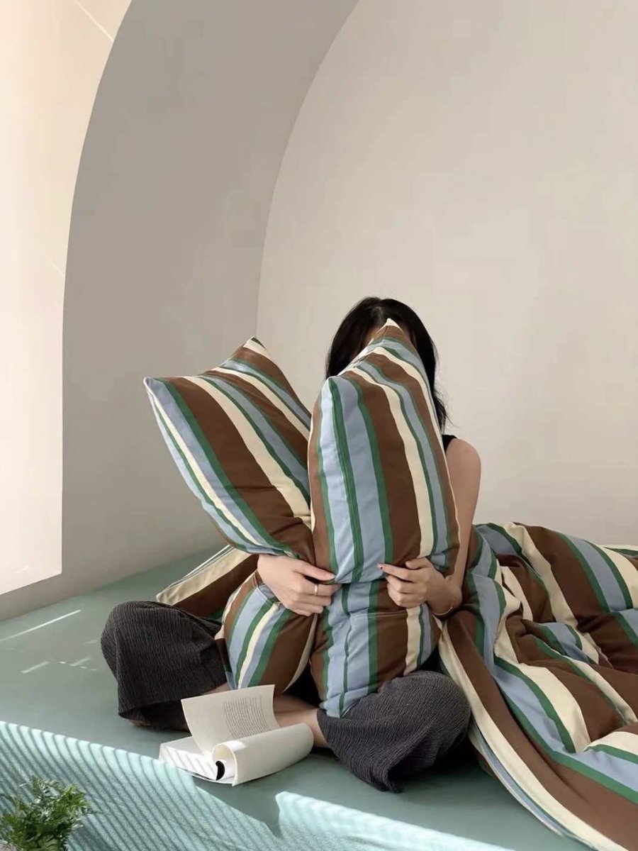 Retro Earthy Tone Stripe Queen Duvet Cover Set with Pillowcases, 100% Cotton-2